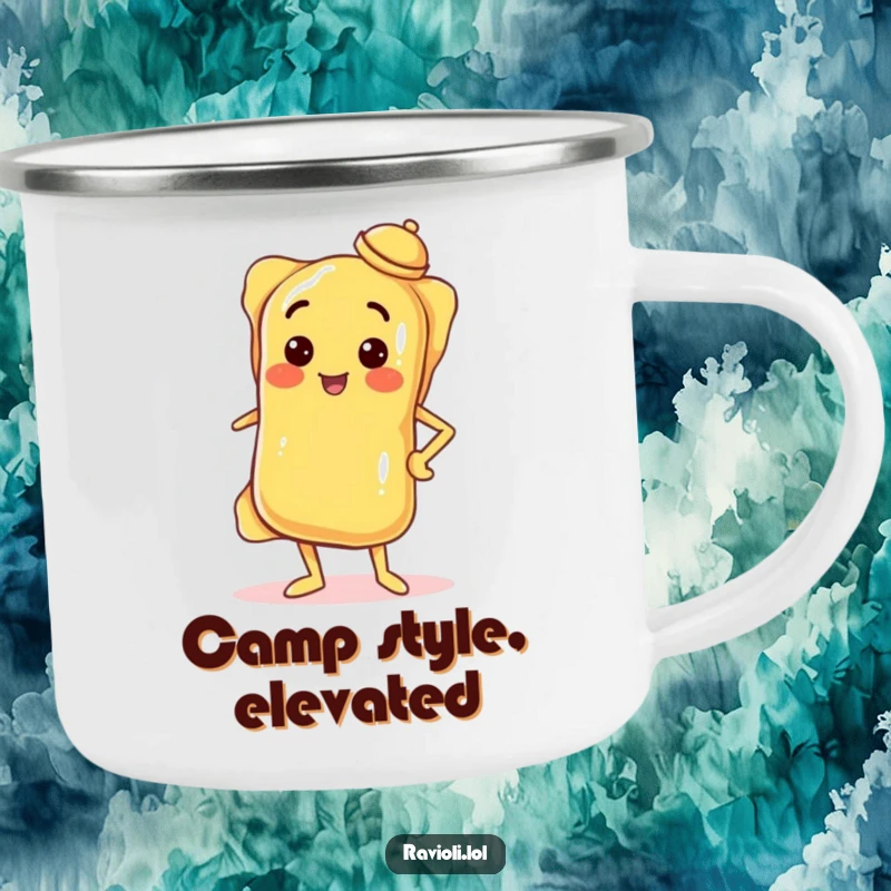 Durable funny camping mug with a confident ravioli striking a pose, hand on hip, tiny tilted hat, perfect for outdoor use.