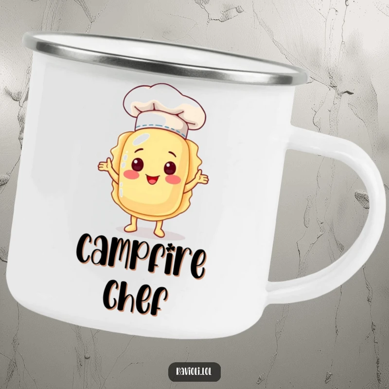 Durable camping mug featuring a funny ravioli character in a chef hat, proudly presenting itself, perfect for outdoor meals and drinks.