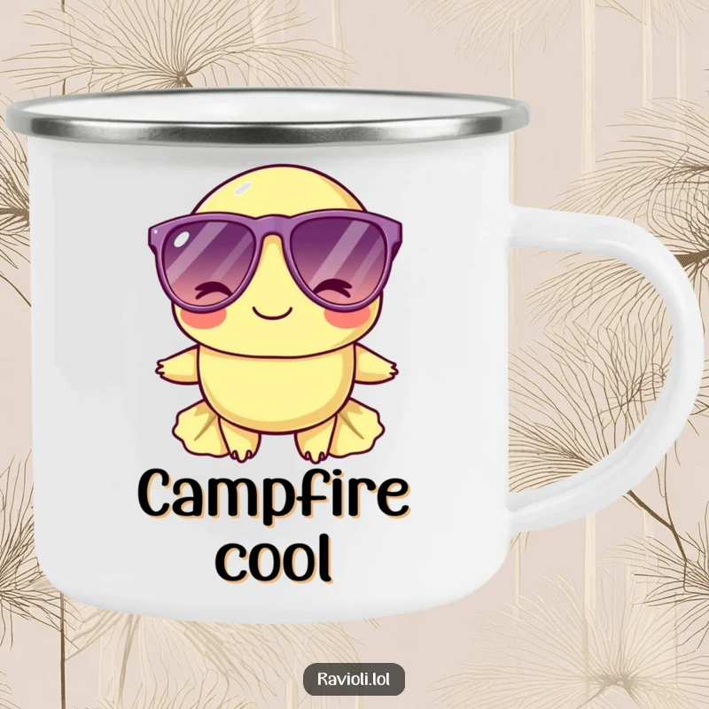 Funny ravioli character wearing oversized sunglasses and winking on a camping mug, perfect for cool outdoor excursions.