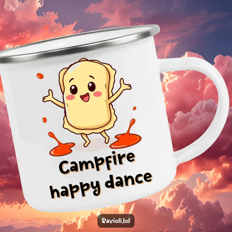 Funny camping mug with a happy ravioli character dancing with sauce splatters around it, perfect for outdoor celebrations.