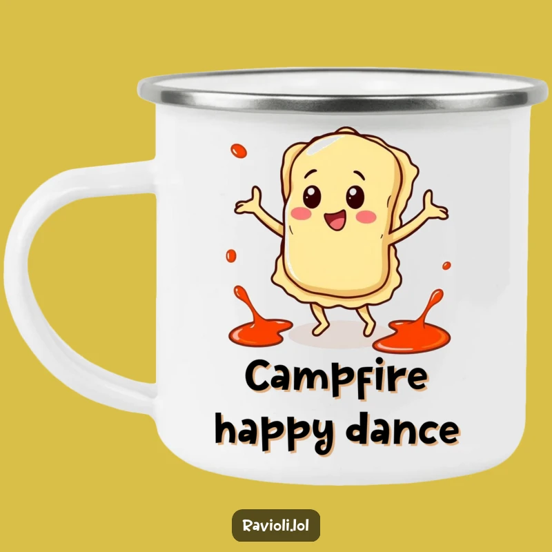 Funny Happy Ravioli Dance Camping Mug - Outdoor Pasta Party Fun