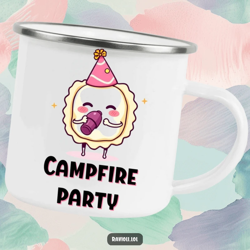 Funny ravioli in a party hat with a noisemaker, rugged camping mug with a festive Italian food character, excellent funny gift.