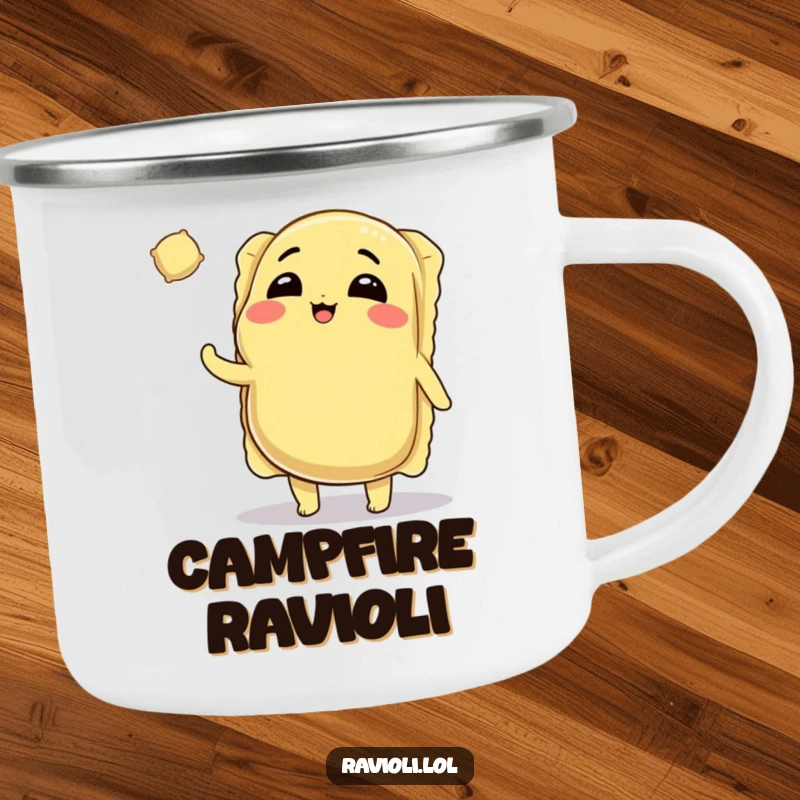 Funny Ravioli Camping Mug: Winking ravioli character tossing a tiny ravioli, ideal for outdoor pasta enthusiasts.