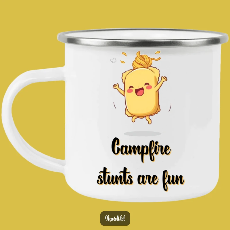 Funny Cartwheeling Ravioli Camping Mug - Joyful Spin Adventure!
