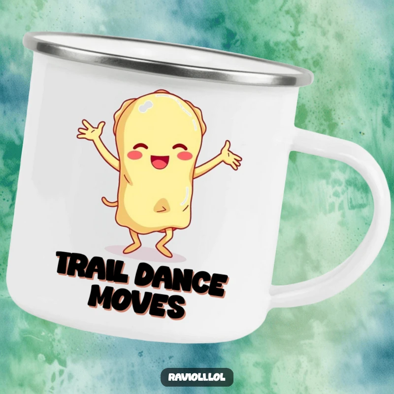 Funny ravioli character with floppy limbs doing a clumsy dance, a humorous and durable camping mug.
