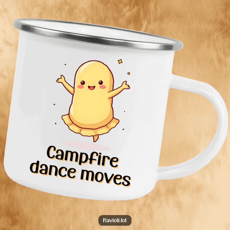 Funny Camping Mug: A ravioli performs a silly pirouette with spinning filling, ready for your adventures, bringing humor and dance.