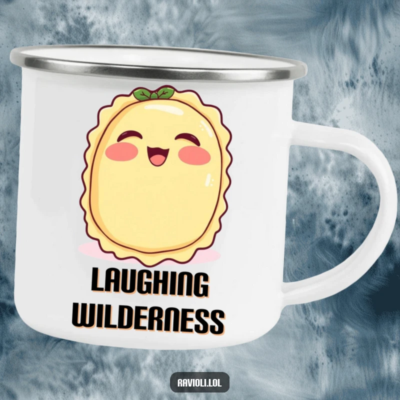 Funny ravioli with rosy cheeks giggling, rugged camping mug with a joyful Italian food character, excellent funny gift.