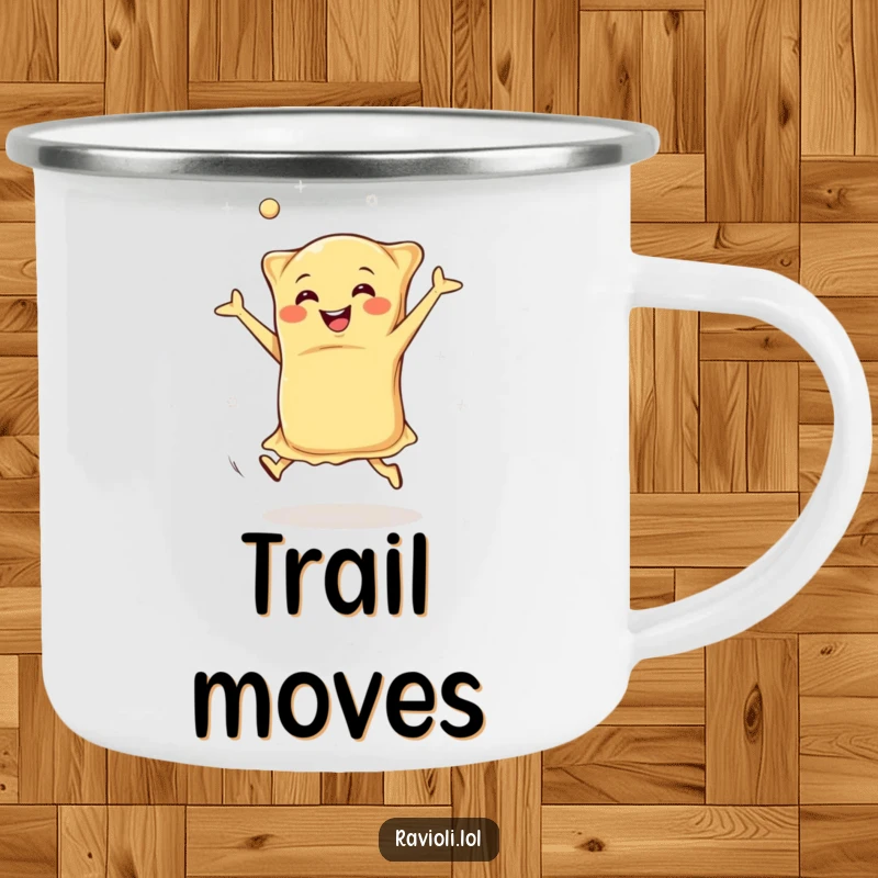 Funny happy ravioli doing cartwheels with flying dough, rugged camping mug with an energetic Italian food character, excellent funny gift.