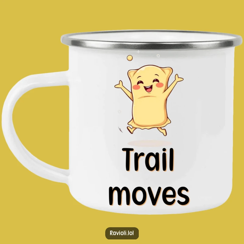 Funny Happy Ravioli Camping Mug: Durable Italian Pasta Cartwheeling, Adventurous Humorous Gift