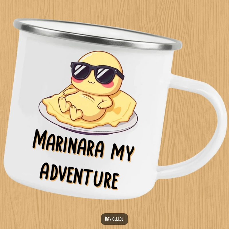 Funny ravioli camping mug featuring a pasta character in sunglasses relaxing, ideal for outdoor adventures and hot beverages.