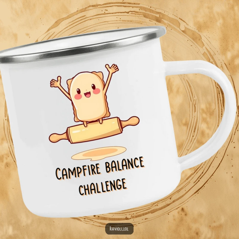 Funny ravioli character flailing arms on a rolling pin, a camping mug with pasta humor, excellent funny gift.