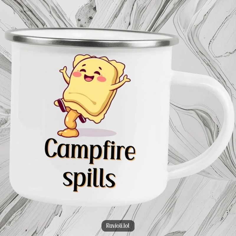 Funny ravioli character giggling mid-cartwheel with filling spilling on a durable camping mug, a humorous gift.
