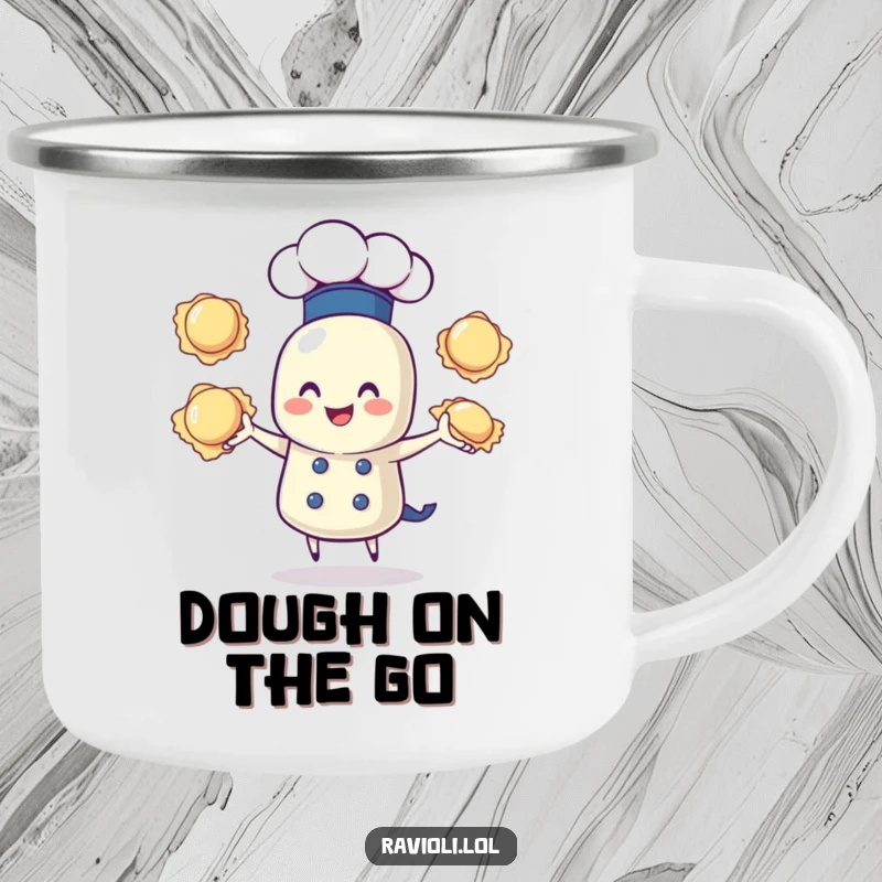 Funny camping mug showing a ravioli chef character juggling three ravioli, perfect for outdoor enthusiasts with a sense of humor.