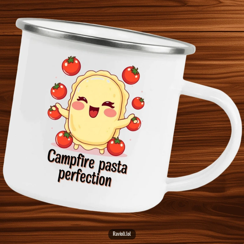 Durable funny camping mug with a winking ravioli juggling tomatoes, perfect for outdoor use and adding a touch of Italian humor.