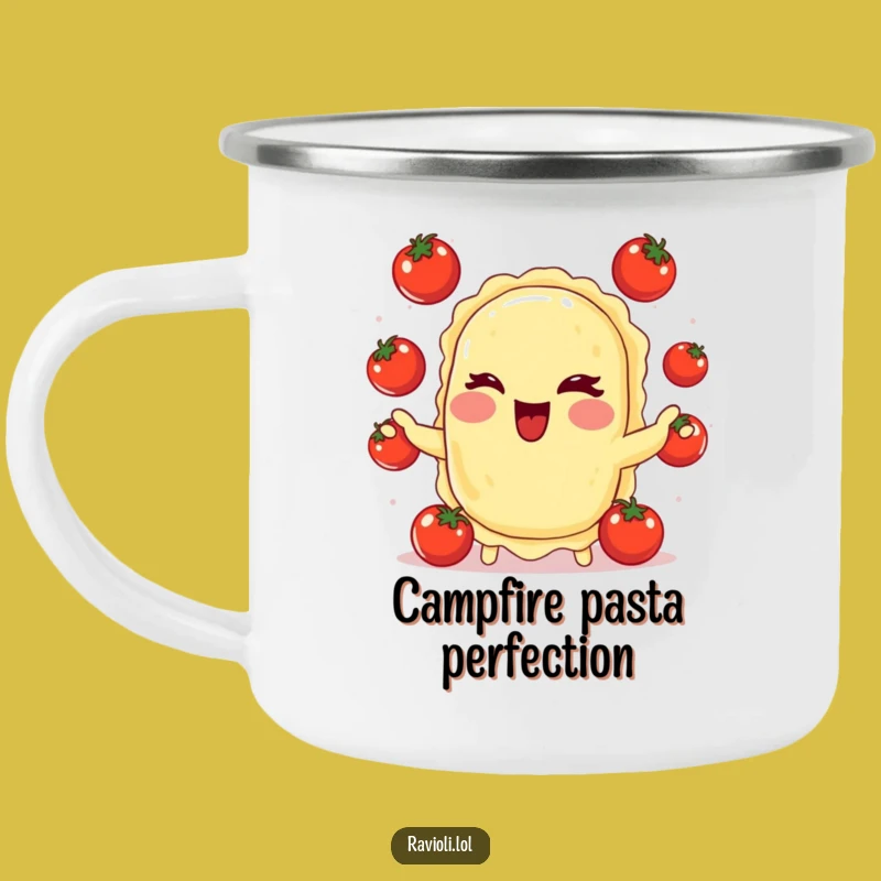Funny Ravioli Juggling Tomatoes Camping Mug: Your Trail Mix Companion