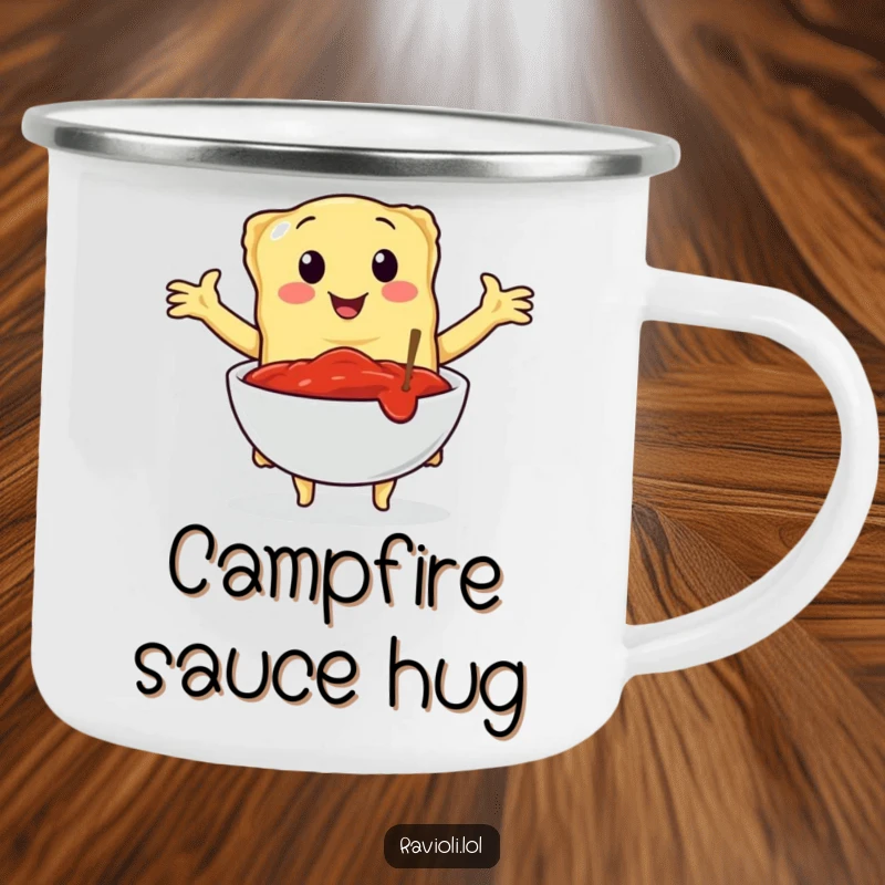 Funny camping mug featuring a ravioli character embracing a bowl of marinara sauce, perfect for enjoying beverages outdoors with Italian culinary flair.