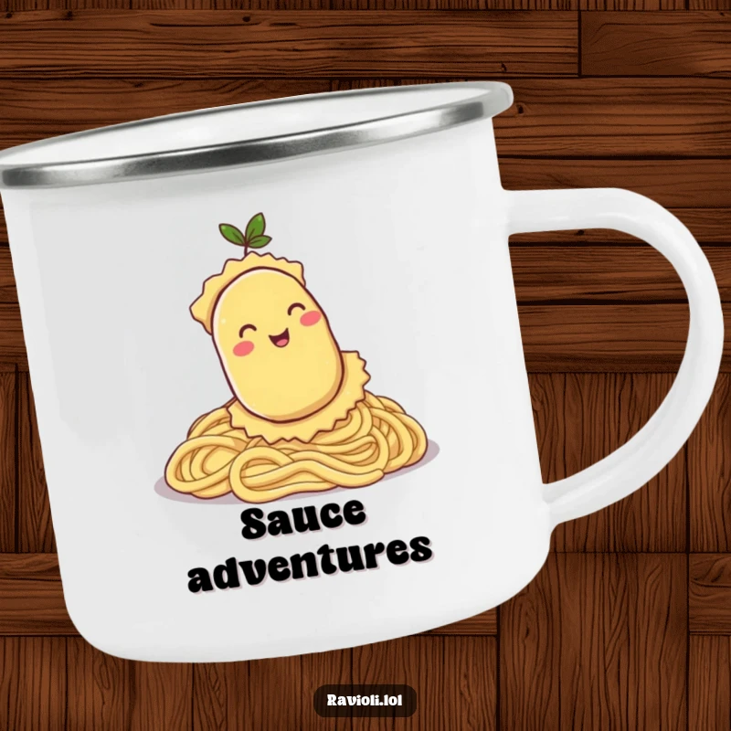 Funny camping mug showing a ravioli character rolling down a pasta hill, perfect for outdoor enthusiasts who love Italian food.
