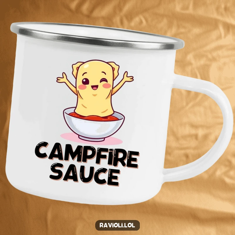 Durable camping mug featuring a funny ravioli character doing a silly dance around a bowl of sauce, perfect for outdoor celebrations.