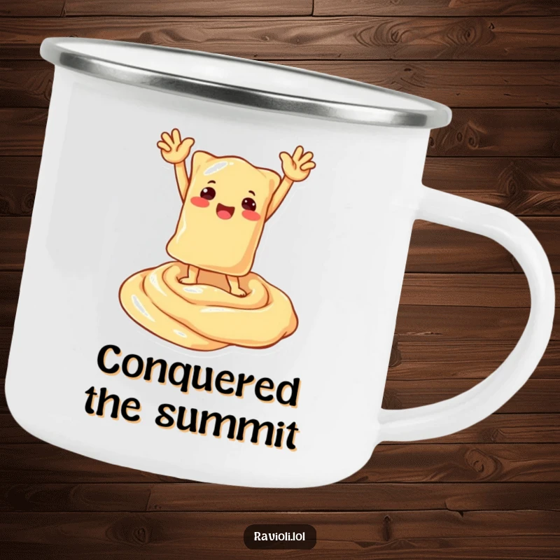 Funny camping mug with a ravioli character striking a triumphant pose on a creamy sauce swirl, perfect for celebrating outdoors.