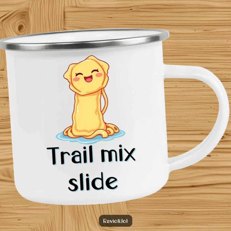 Durable funny camping mug with a ravioli laughing on a noodle waterslide, perfect for outdoor use and adding pasta-themed fun.