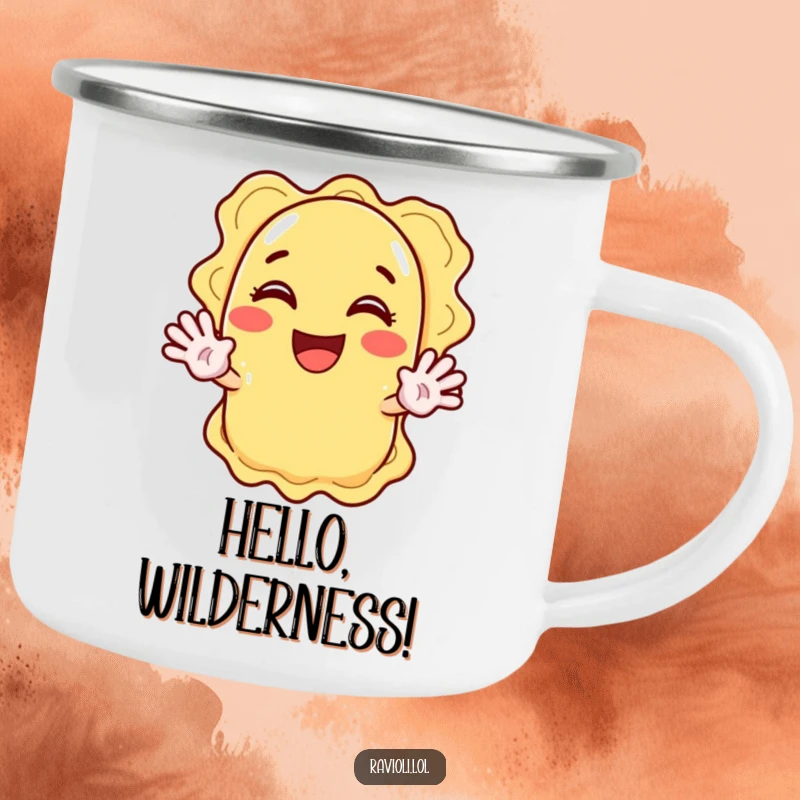 Funny ravioli character enthusiastically waving with both hands, a durable and cheerful camping mug.