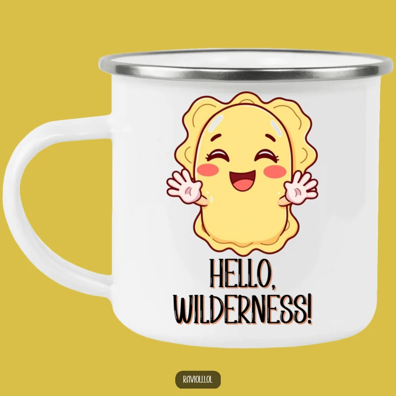 Funny Ravioli Waving Hand Camping Mug: Enthusiastic Outdoor Greetings Gift