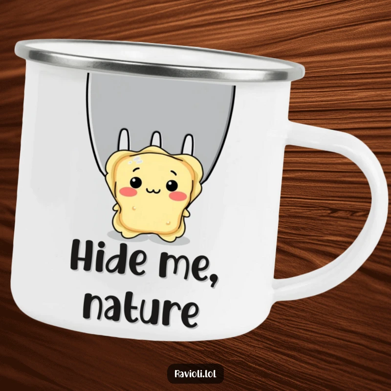 Funny shy ravioli peeking behind a fork, rugged camping mug featuring a timid Italian food character, excellent funny gift.