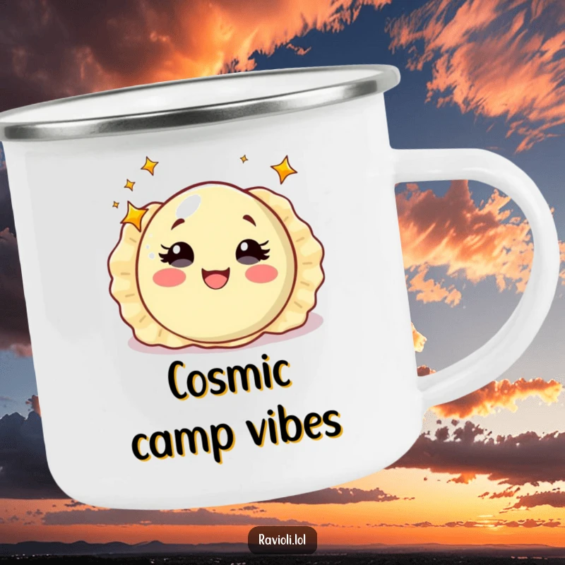 Funny ravioli with starry eyes spinning, rugged camping mug with an enchanted Italian food character, excellent funny gift.