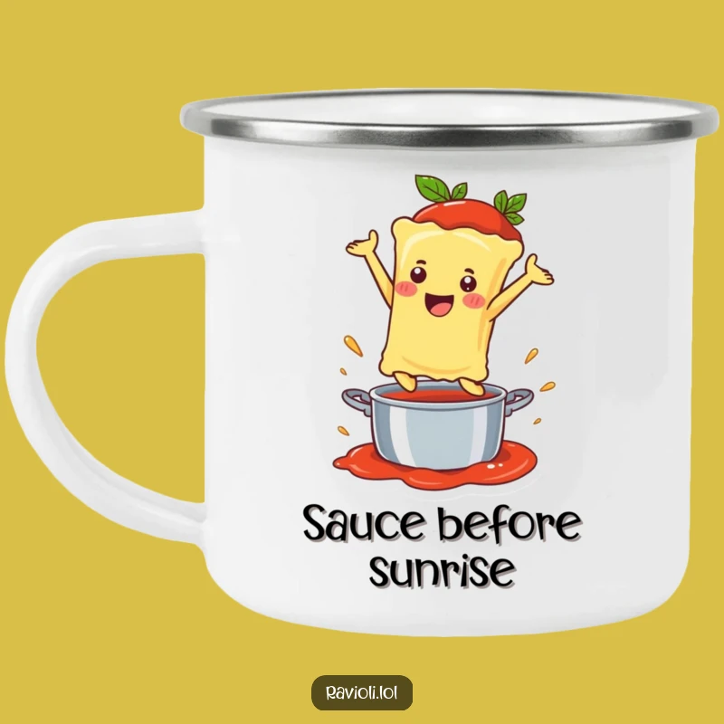 Funny Ravioli Sauce Leap Camping Mug: Outdoor Noodle Dive Fun, Great Gift