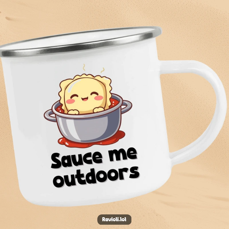 Funny ravioli character with a silly face peeking from a pot of sauce, a humorous and rugged camping mug.