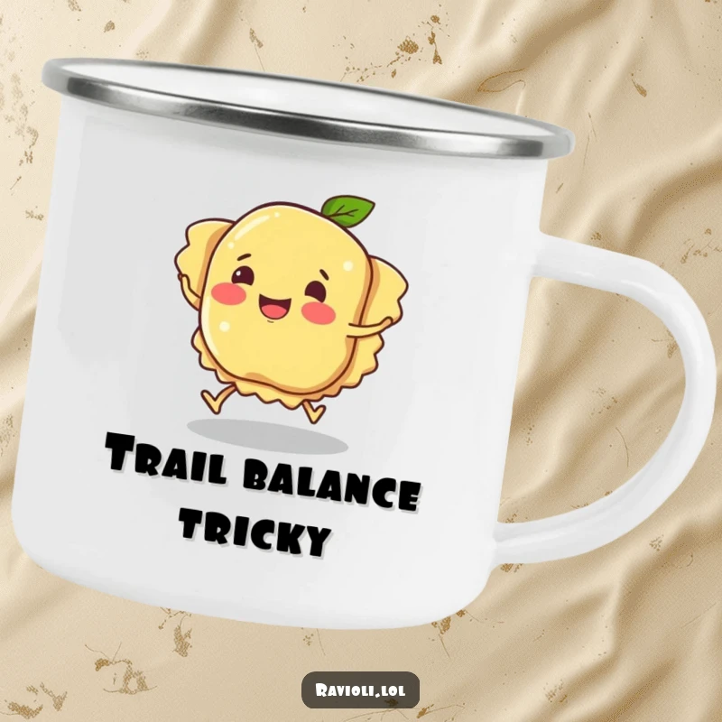 Funny ravioli character tripping, a durable camping mug featuring pasta humor and a clumsy, smiling character, excellent funny gift.