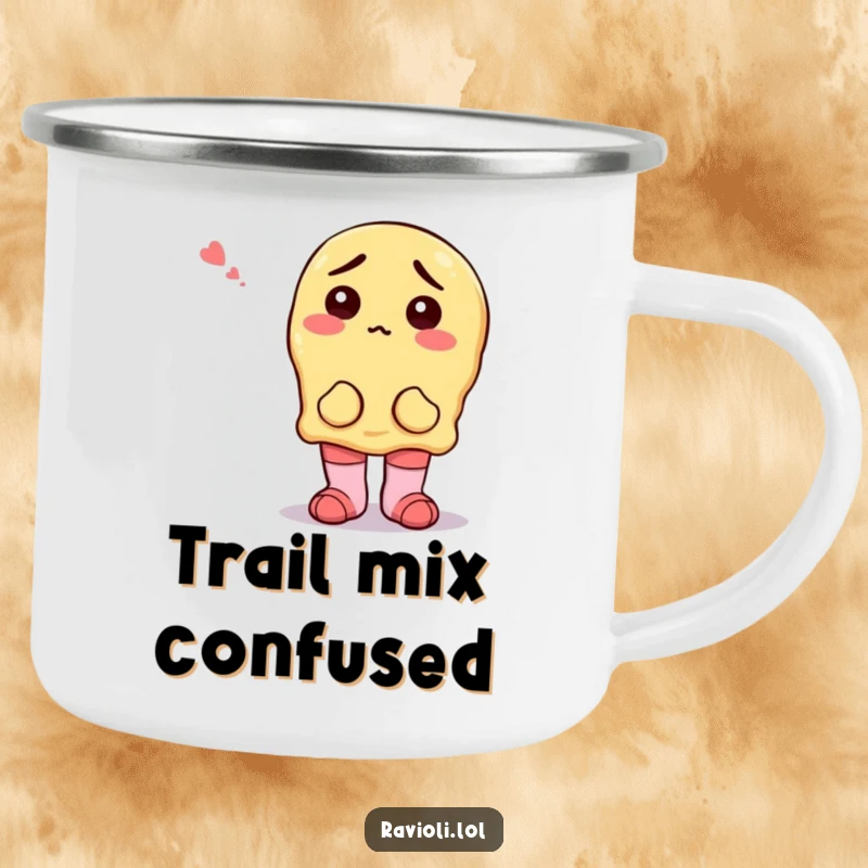 Durable camping mug featuring a funny ravioli character looking confused while wearing mismatched socks, perfect for outdoor brews with a twist.
