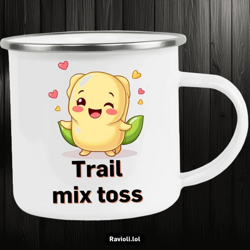 Durable camping mug with a funny ravioli character juggling peas, ready for outdoor adventures and morning brews.