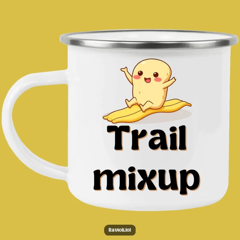 Funny Ravioli Banana Slip Camping Mug: Outdoor Laughs with this Cartoon Cup