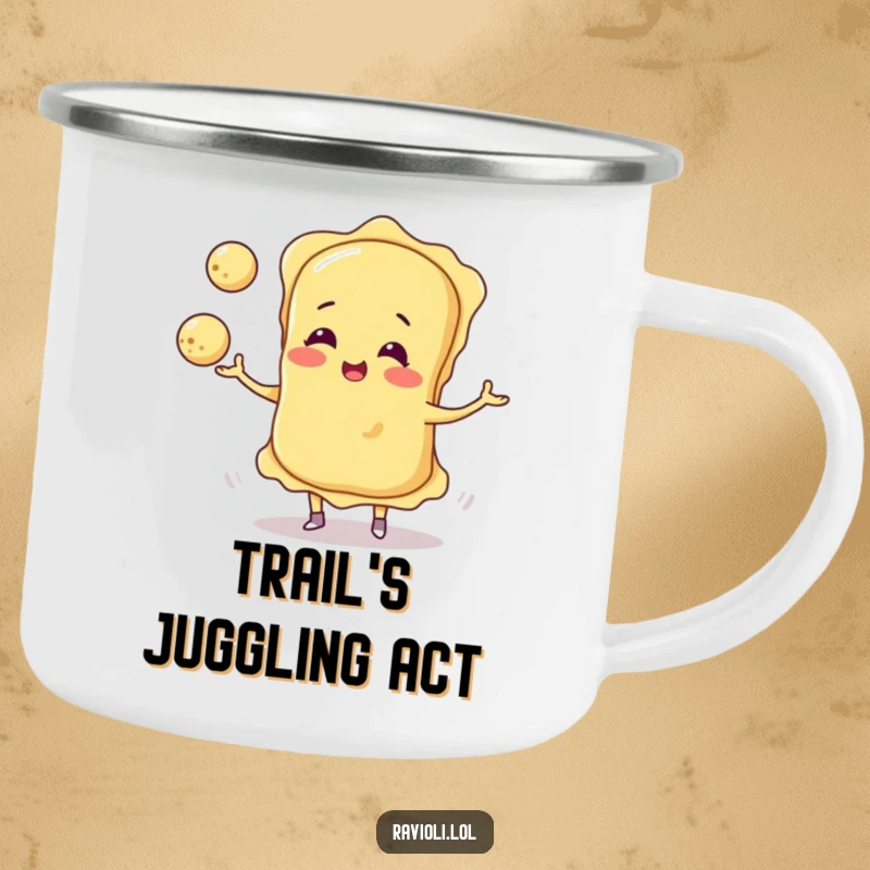 Funny ravioli character juggling cheese balls on a sturdy camping mug, perfect for outdoor adventures and humor.