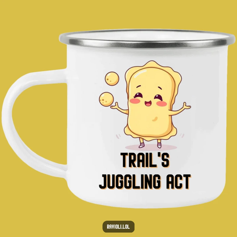 Adventure-Ready Funny Ravioli Juggling Cheese Balls Camping Mug - Outdoor Fun!
