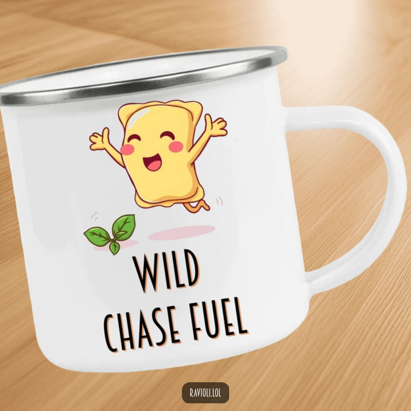 Funny ravioli joyfully chases a basil leaf with open arms, outdoor mug.