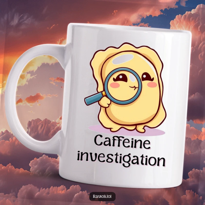 Funny Mug: A ravioli uses a tiny magnifying glass to intently examine a crumb, embodying a humorous culinary detective.