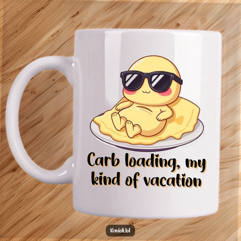Funny ravioli mug featuring pasta wearing sunglasses, lounging on a plate sunbed, radiating cool and vacation vibes.