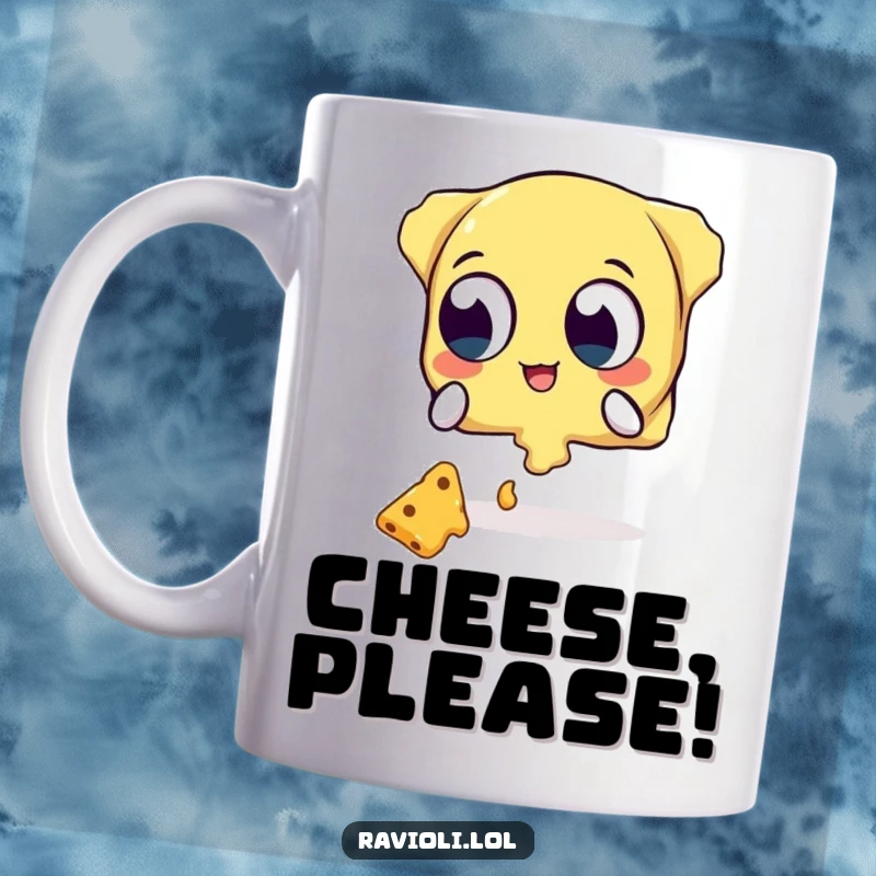 Funny mug showing a ravioli character with bulging eyes trying to catch falling shredded cheese, a moment of comedic desperation.
