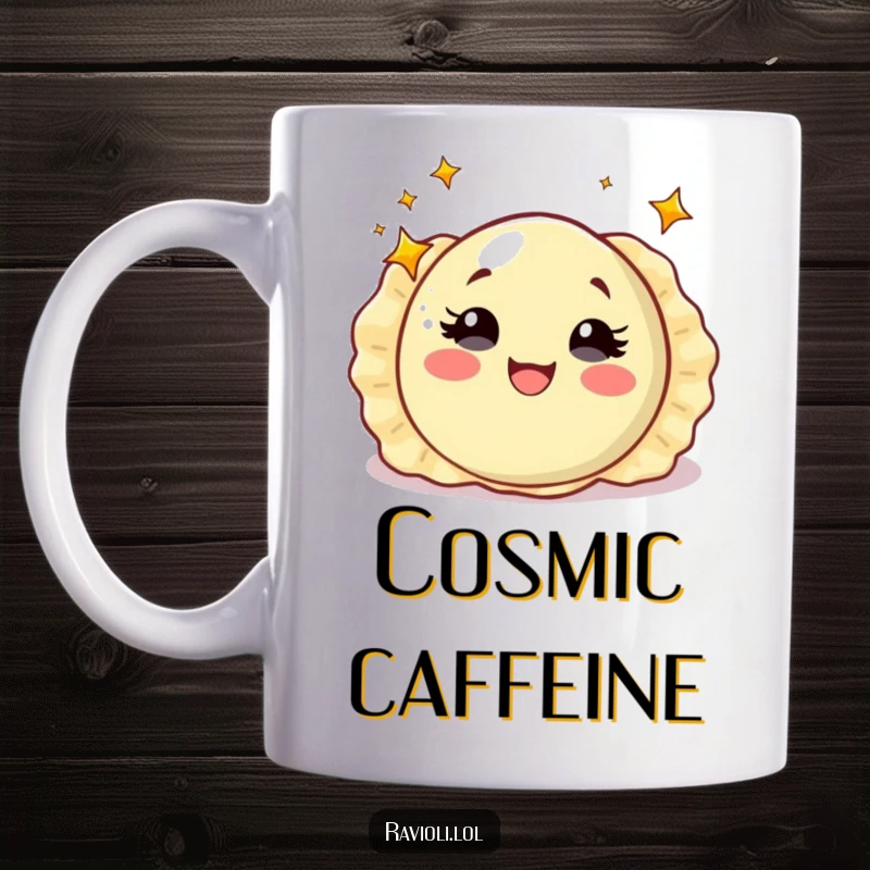 Funny ravioli with starry eyes spinning with delight, illustrating wonder and joy, perfect funny mug for Italian food lovers.