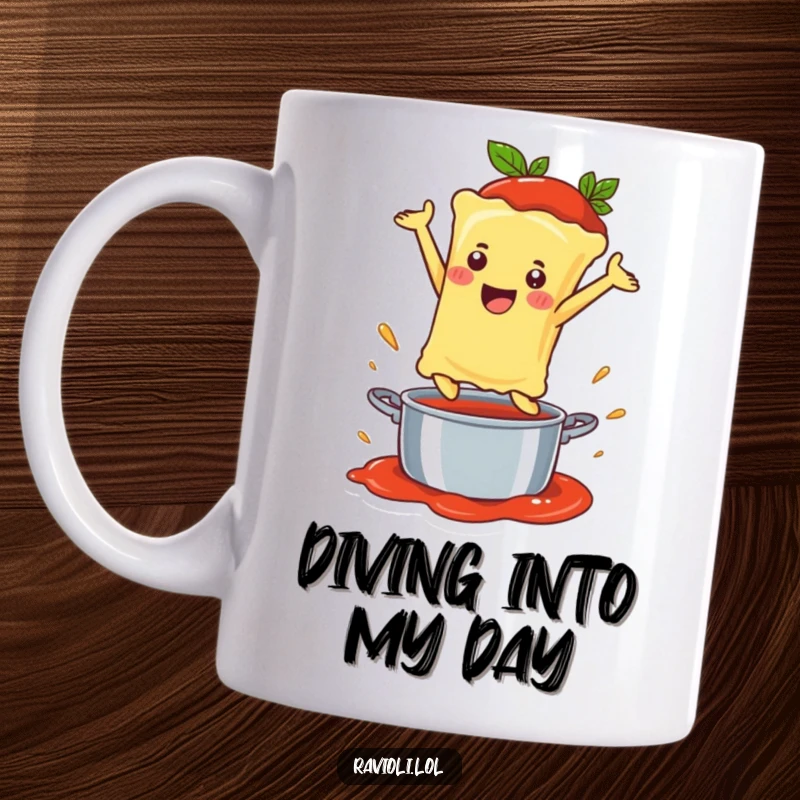 Funny Ravioli Mug showing a happy ravioli character joyfully leaping into a pot of steaming sauce, a culinary delight.