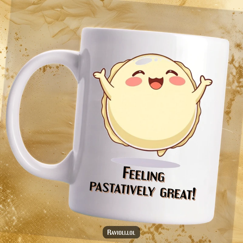 Funny mug featuring a plump, round ravioli character joyfully bouncing, embodying pure happiness and deliciousness.