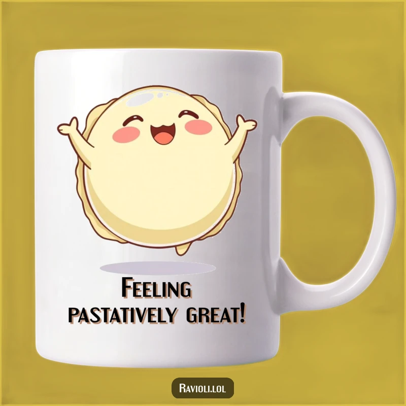 Funny Happy Ravioli Mug: Joyful Pasta Character Coffee Cup for Foodies