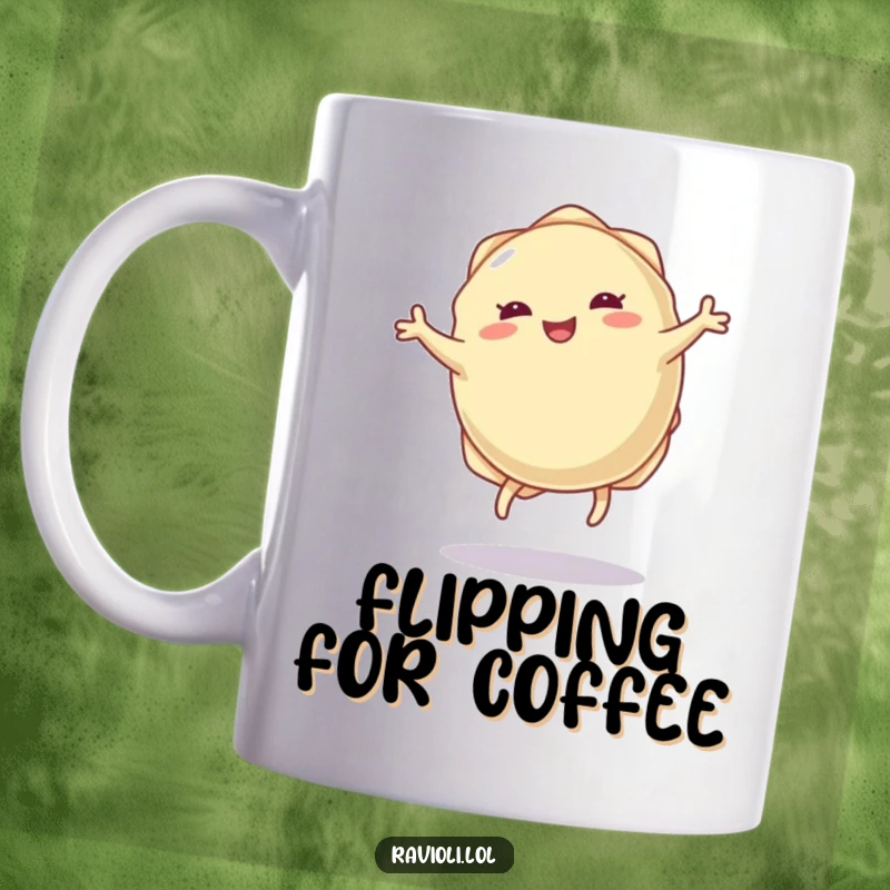 Funny ravioli dumpling mug with tiny legs doing a joyful cartwheel, representing fun, pasta, and culinary happiness.
