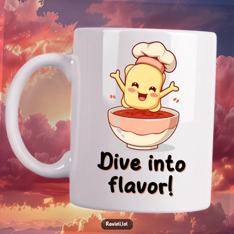 Funny ravioli character in a chef hat enthusiastically leaps into a bowl of sauce on a mug, a humorous culinary gift.