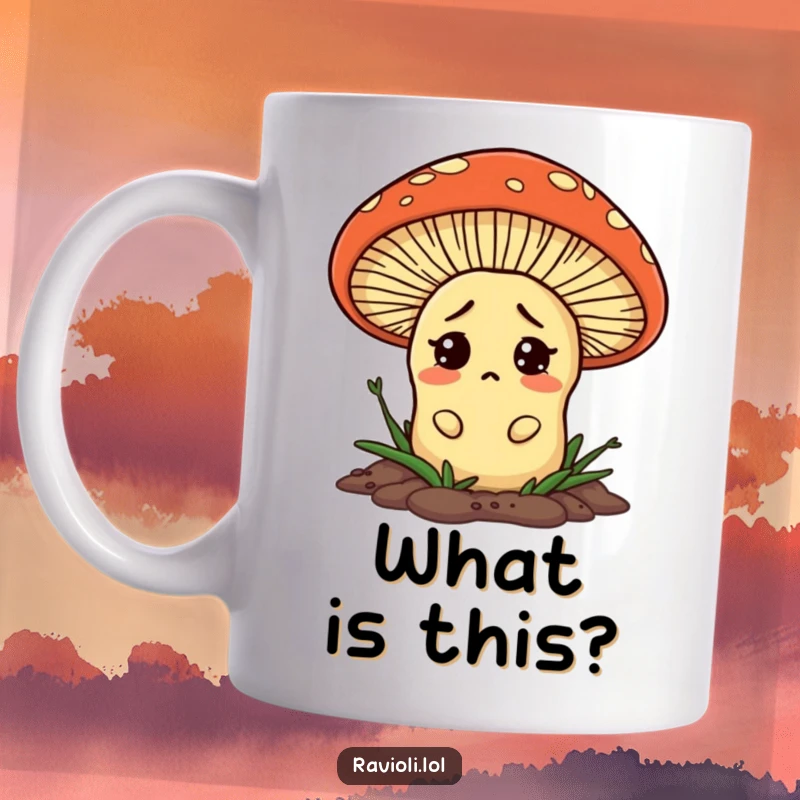 Funny ravioli character looks confused, peeking from behind a giant mushroom on a mug, a surprise and humorous present.