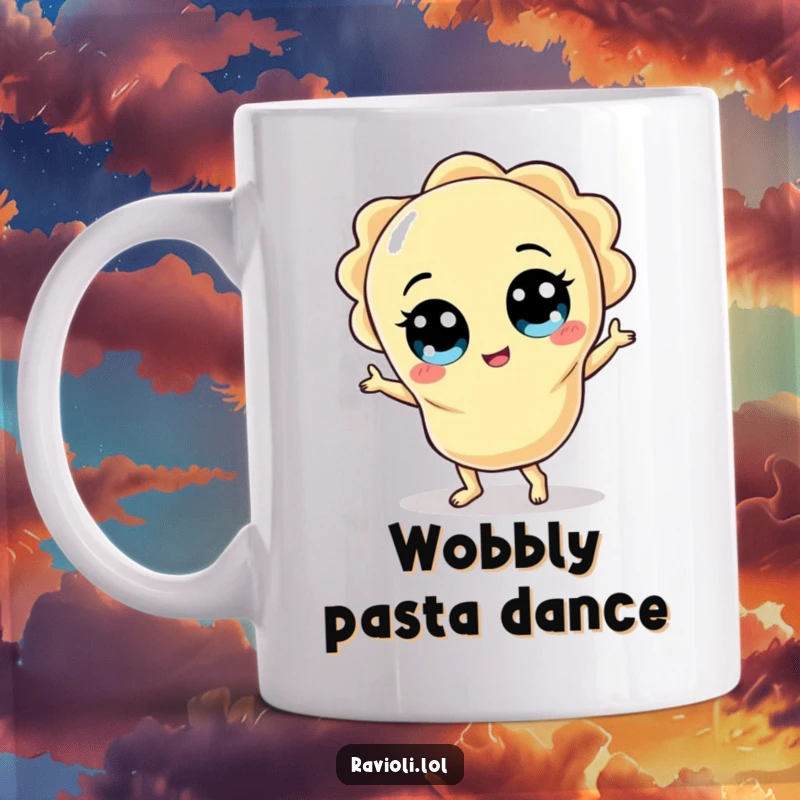 Funny ravioli character with wide eyes doing a silly, energetic dance on a coffee mug.