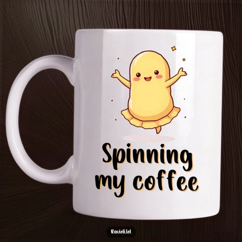 Funny Mug: A ravioli performs a silly pirouette, its filling spinning, embodying a joyful and whimsical pasta dancer.