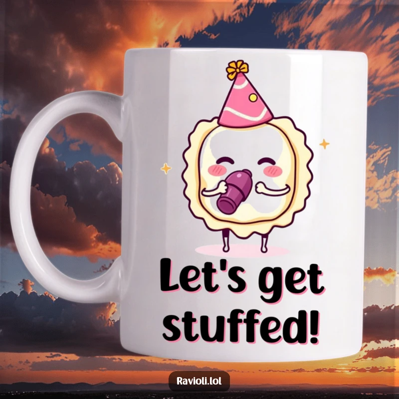 Funny ravioli wearing a party hat blowing a noisemaker, celebrating Italian food fun, perfect funny mug.